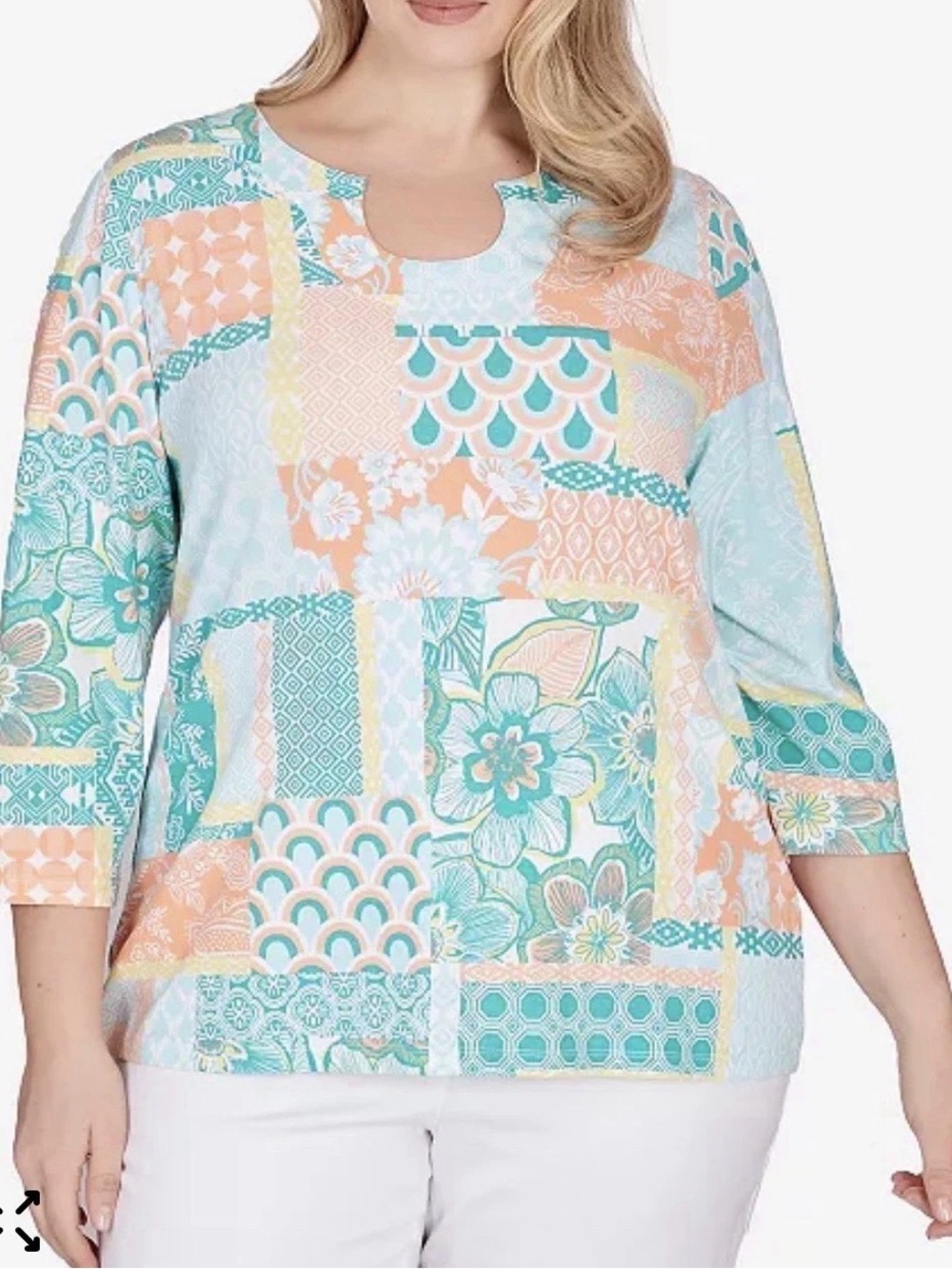 NWT Ruby Road Women’s Patchwork Floral Print Top in Aqua & Peach XL